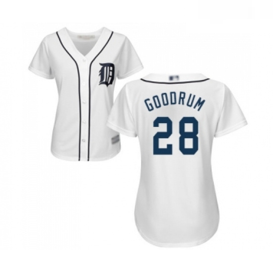 Womens Detroit Tigers 28 Niko Goodrum Replica White Home Cool Base Baseball Jersey