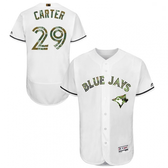 Mens Majestic Toronto Blue Jays 29 Joe Carter Authentic White 2016 Memorial Day Fashion Flex Base ML