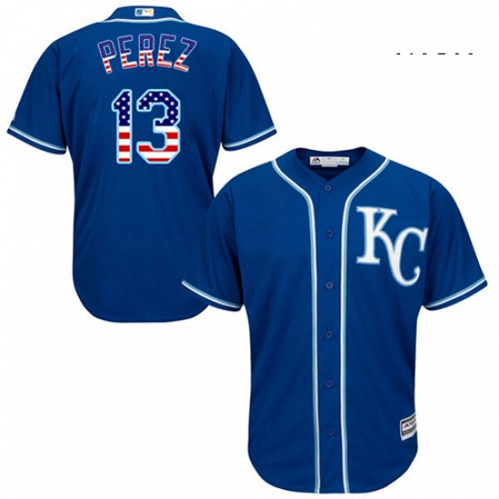 Mens Majestic Kansas City Royals 13 Salvador Perez Authentic Royal Blue USA Flag Fashion MLB Jersey