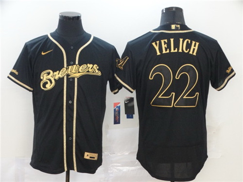 Brewers 22 Christian Yelich Black Gold Nike 2020 Flexbase Jersey