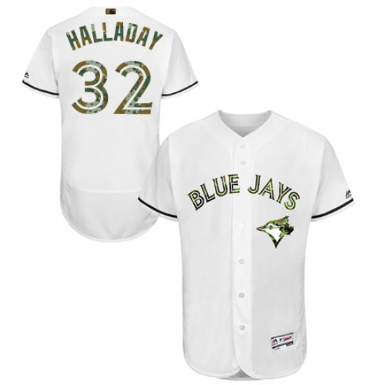 Mens Majestic Toronto Blue Jays 32 Roy Halladay Authentic White 2016 Memorial Day Fashion Flex Base 