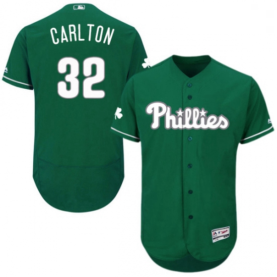 Mens Majestic Philadelphia Phillies 32 Steve Carlton Green Celtic Flexbase Authentic Collection MLB 