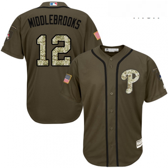 Mens Majestic Philadelphia Phillies 12 Will Middlebrooks Replica Green Salute to Service MLB Jersey