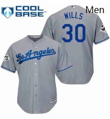 Mens Majestic Los Angeles Dodgers 30 Maury Wills Replica Grey Road 2017 World Series Bound Cool Base