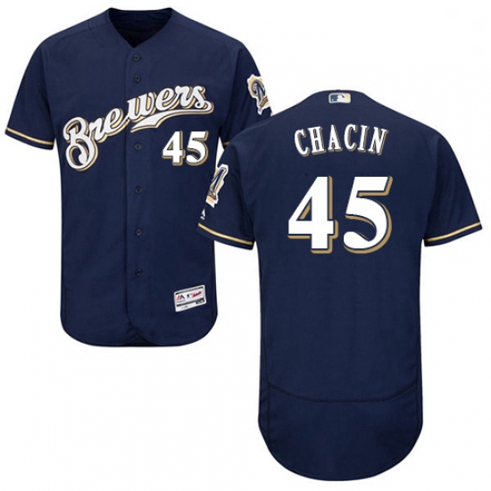 Mens Majestic Milwaukee Brewers 45 Jhoulys Chacin Navy Blue Alternate Flex Base Authentic Collection