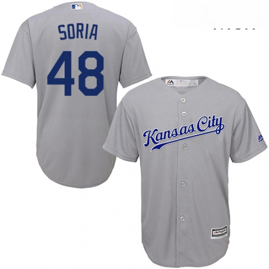 Mens Majestic Kansas City Royals 48 Joakim Soria Replica Grey Road Cool Base MLB Jersey