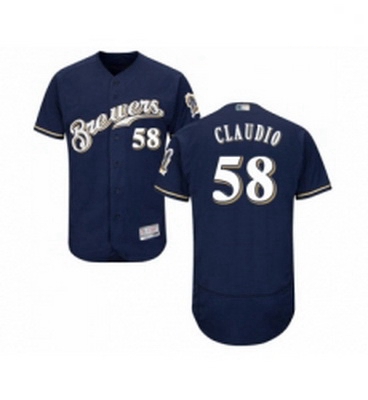 Mens Milwaukee Brewers 58 Alex Claudio Navy Blue Alternate Flex Base Authentic Collection Baseball J