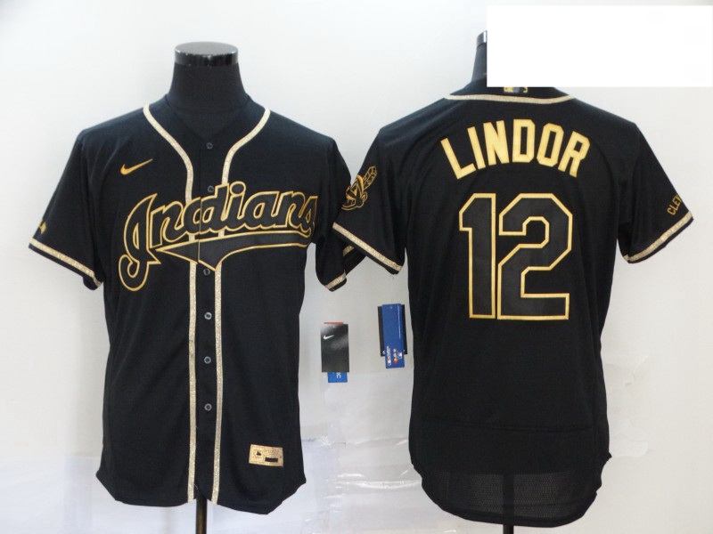 Indians 12 Francisco Lindor Black Gold 2020 Nike Flexbase Jersey