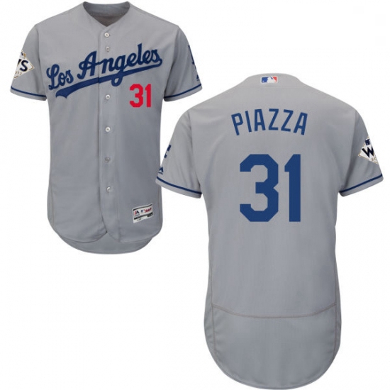 Mens Majestic Los Angeles Dodgers 31 Mike Piazza Authentic Grey Road 2017 World Series Bound Flex Ba