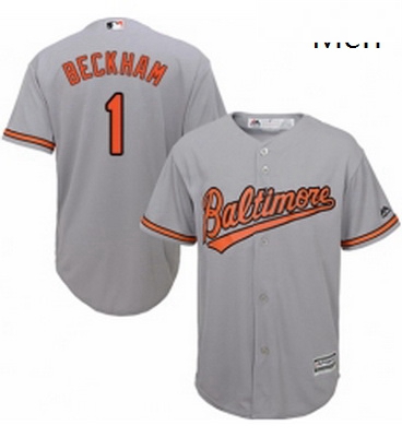 Mens Majestic Baltimore Orioles 1 Tim Beckham Replica Grey Road Cool Base MLB Jersey