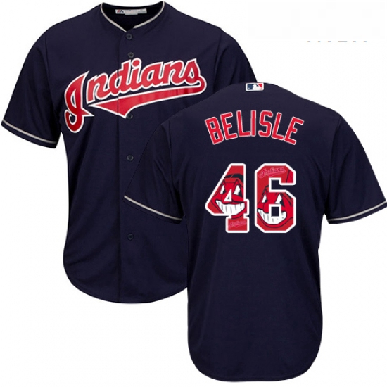 Mens Majestic Cleveland Indians 46 Matt Belisle Authentic Navy Blue Team Logo Fashion Cool Base MLB 