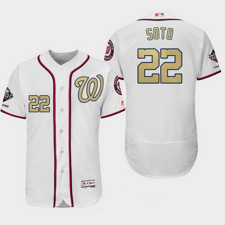 Men Washington Nationals 22 Juan Soto 2019 World Series Champions White Gold Program Flex Base Jerse