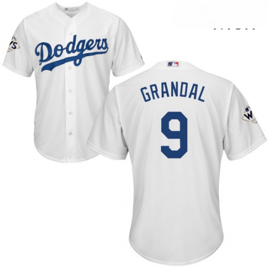 Mens Majestic Los Angeles Dodgers 9 Yasmani Grandal Replica White Home 2017 World Series Bound Cool 