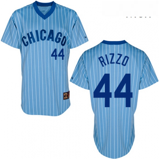 Mens Majestic Chicago Cubs 44 Anthony Rizzo Authentic BlueWhite Strip Cooperstown Throwback MLB Jers