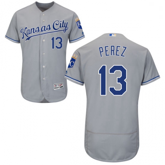 Mens Majestic Kansas City Royals 13 Salvador Perez Grey Road Flex Base Authentic Collection MLB Jers