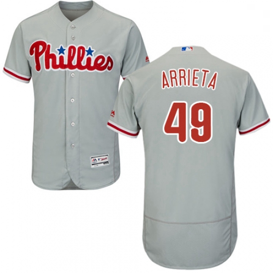 Mens Majestic Philadelphia Phillies 49 Jake Arrieta Grey Road Flex Base Authentic Collection MLB Jer