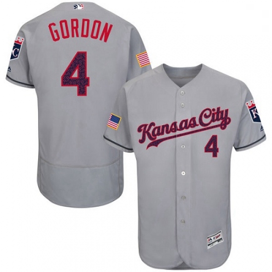 Mens Majestic Kansas City Royals 4 Alex Gordon Authentic Grey Fashion Stars Stripes Flex Base MLB Je