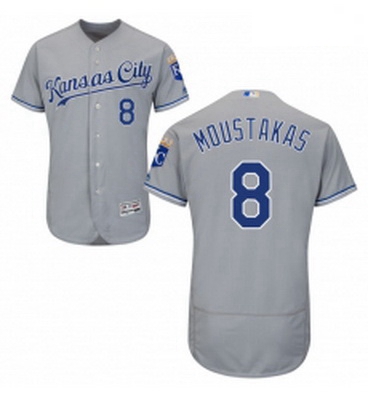 Mens Majestic Kansas City Royals 8 Mike Moustakas Grey Road Flex Base Authentic Collection MLB Jerse