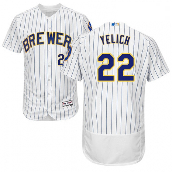 Mens Milwaukee Brewers 22 Christian Yelich White Strip Flexbase Authentic Collection Stitched MLB Je