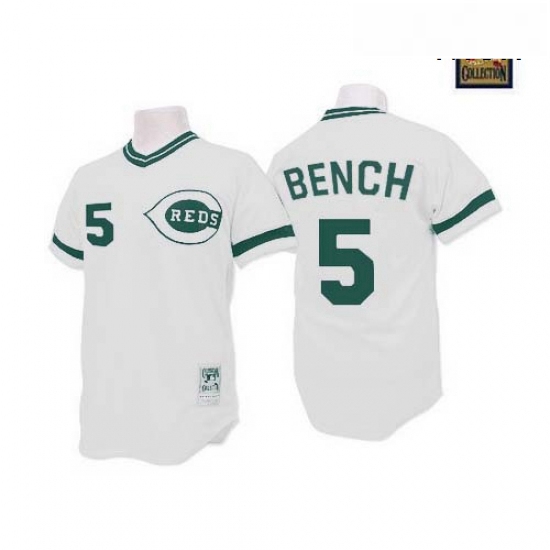 Mens Mitchell and Ness Cincinnati Reds 5 Johnny Bench Authentic WhiteGreen Patch Throwback MLB Jerse