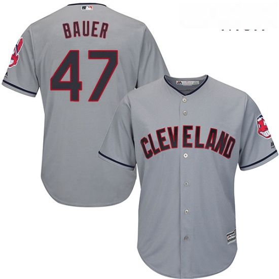 Mens Majestic Cleveland Indians 47 Trevor Bauer Replica Grey Roa