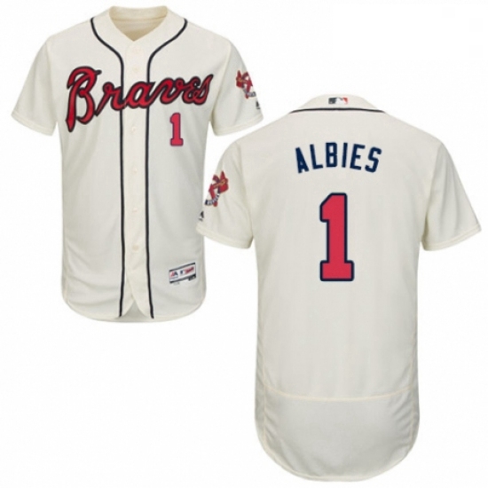 Mens Majestic Atlanta Braves 1 Ozzie Albies Cream Alternate Flex Base Authentic Collection MLB Jerse