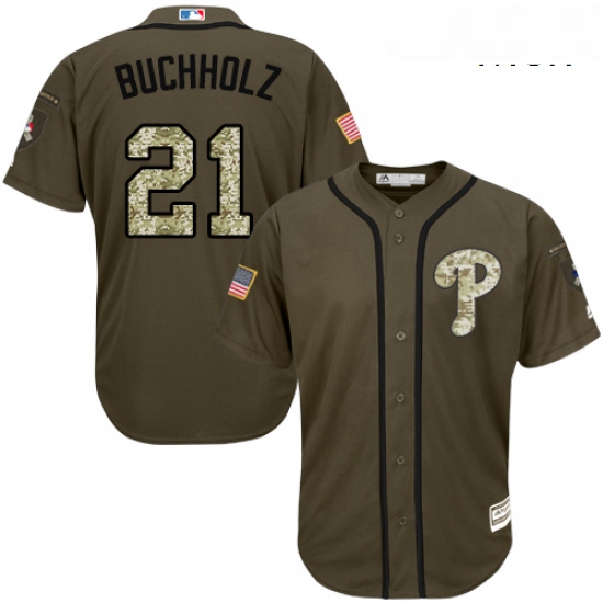 Mens Majestic Philadelphia Phillies 21 Clay Buchholz Replica Green Salute to Service MLB Jersey