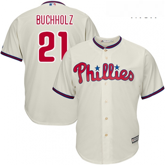 Mens Majestic Philadelphia Phillies 21 Clay Buchholz Replica Cream Alternate Cool Base MLB Jersey