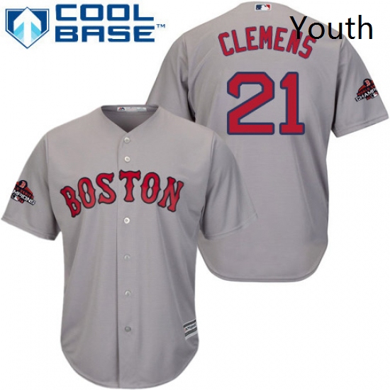 Youth Majestic Boston Red Sox 21 Roger Clemens Authentic Grey Road Cool Base 2018 World Series Champ