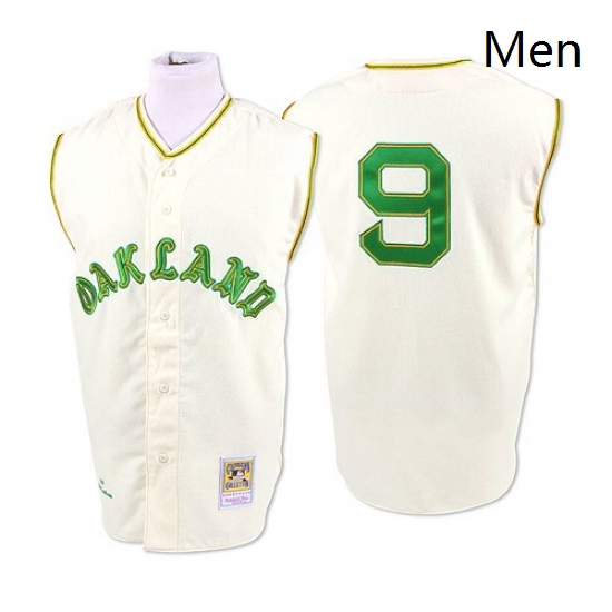 Mens Mitchell and Ness 1968 Oakland Athletics 9 Reggie Jackson Replica Cream Throwback MLB Jersey