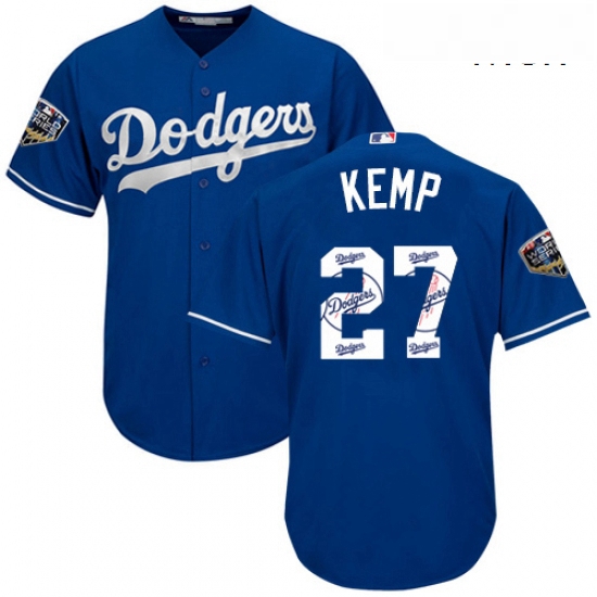 Mens Majestic Los Angeles Dodgers 27 Matt Kemp Authentic Royal Blue Team Logo Fashion Cool Base 2018