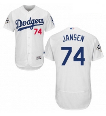 Mens Majestic Los Angeles Dodgers 74 Kenley Jansen Authentic White Home 2017 World Series Bound Flex