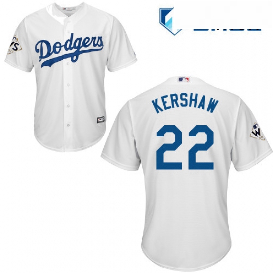 Mens Majestic Los Angeles Dodgers 22 Clayton Kershaw Replica White Home 2017 World Series Bound Cool