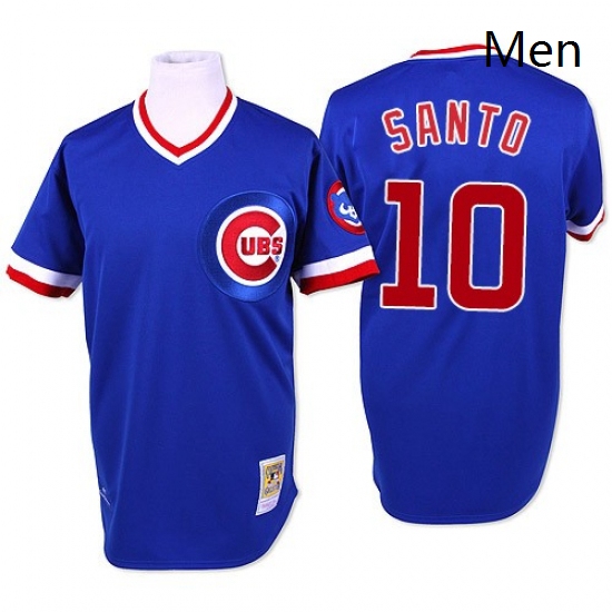 Mens Mitchell and Ness Chicago Cubs 10 Ron Santo Replica Blue Throwback MLB Jersey