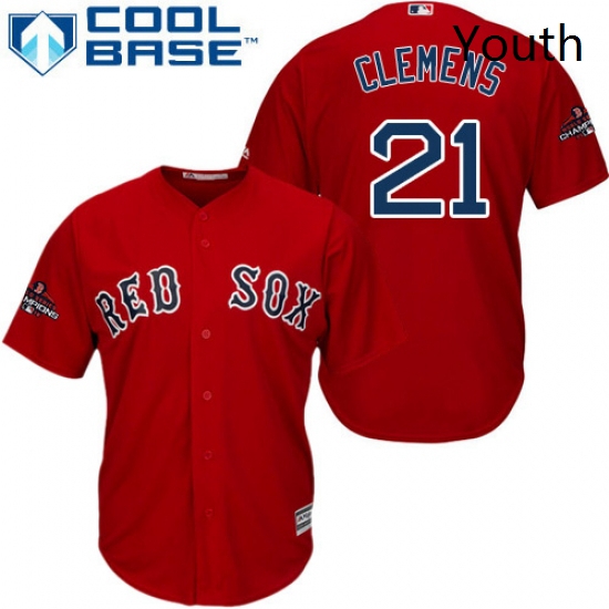 Youth Majestic Boston Red Sox 21 Roger Clemens Authentic Red Alternate Home Cool Base 2018 World Ser