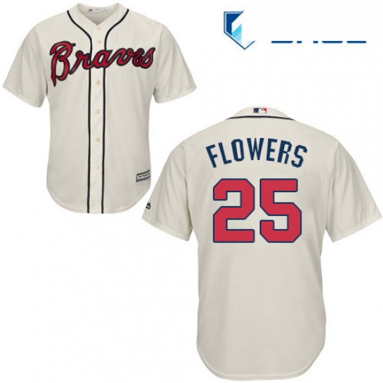 Youth Majestic Atlanta Braves 25 Tyler Flowers Authentic Cream Alternate 2 Cool Base MLB Jersey