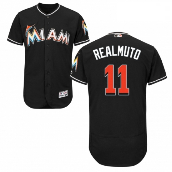 Mens Majestic Miami Marlins 11 J T Realmuto Black Alternate Flex Base Authentic Collection MLB Jerse