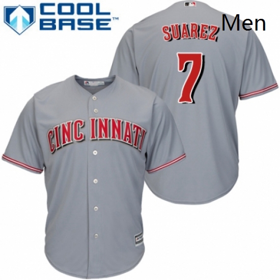 Mens Majestic Cincinnati Reds 7 Eugenio Suarez Replica Grey Road Cool Base MLB Jersey