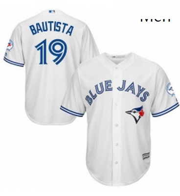 Mens Majestic Toronto Blue Jays 19 Jose Bautista Replica White Home 40th Anniversary Patch MLB Jerse