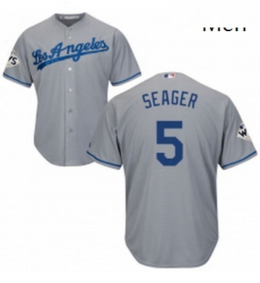 Mens Majestic Los Angeles Dodgers 5 Corey Seager Replica Grey Road 2017 World Series Bound Cool Base