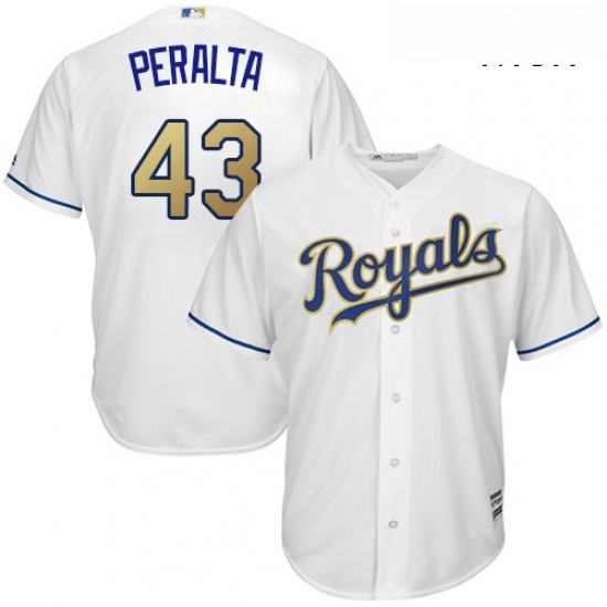 Mens Majestic Kansas City Royals 43 Wily Peralta Replica White Home Cool Base MLB Jersey