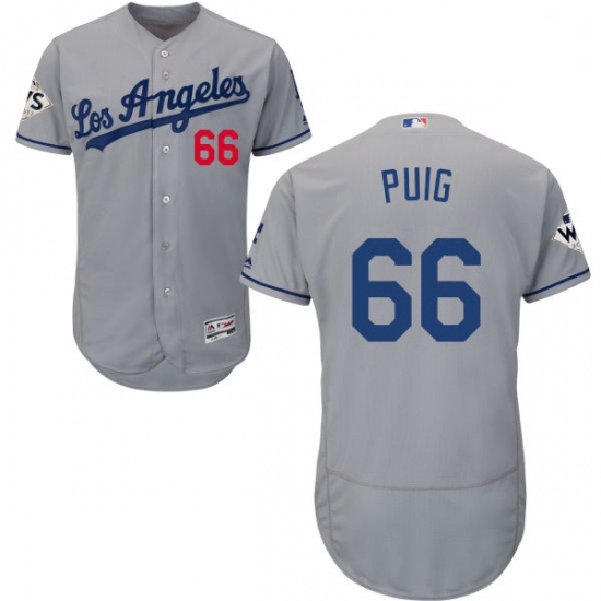 Mens Majestic Los Angeles Dodgers 66 Yasiel Puig Authentic Grey Road 2017 World Series Bound Flex Ba