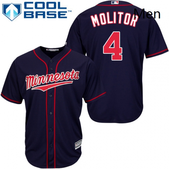 Mens Majestic Minnesota Twins 4 Paul Molitor Replica Navy Blue Alternate Road Cool Base MLB Jersey