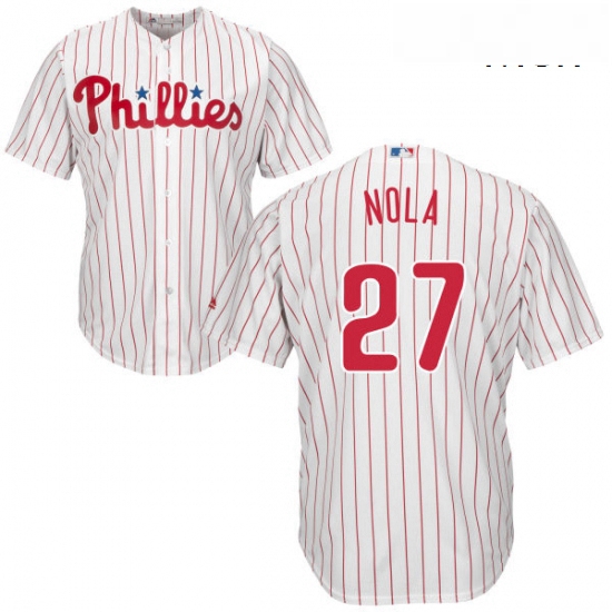 Mens Majestic Philadelphia Phillies 27 Aaron Nola Replica WhiteRed Strip Home Cool Base MLB Jersey