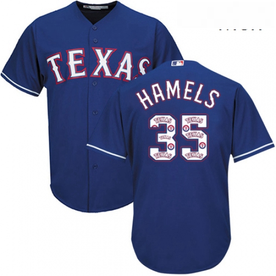 Mens Majestic Texas Rangers 35 Cole Hamels Authentic Royal Blue Team Logo Fashion Cool Base MLB Jers