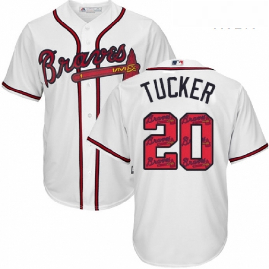 Mens Majestic Atlanta Braves 20 Preston Tucker Authentic White Team Logo Fashion Cool Base MLB Jerse