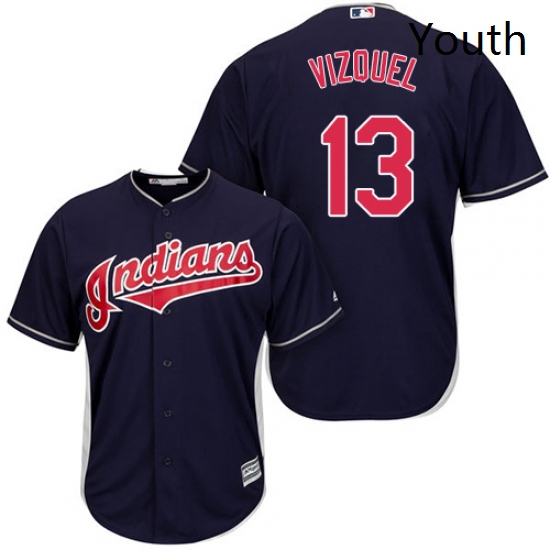 Youth Majestic Cleveland Indians 13 Omar Vizquel Authentic Navy Blue Alternate 1 Cool Base MLB Jerse