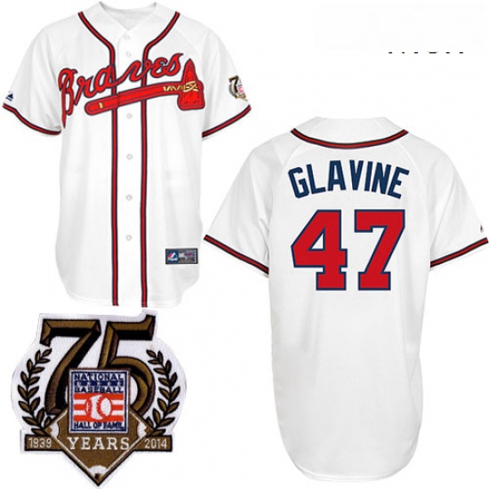 Mens Majestic Atlanta Braves 47 Tom Glavine Replica White w75th Anniversary Commemorative Patch MLB 