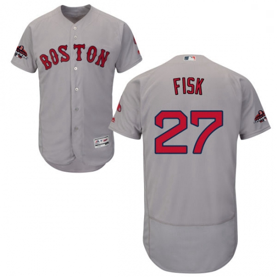 Mens Majestic Boston Red Sox 27 Carlton Fisk Grey Road Flex Base Authentic Collection 2018 World Ser