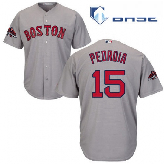 Youth Majestic Boston Red Sox 15 Dustin Pedroia Authentic Grey Road Cool Base 2018 World Series Cham